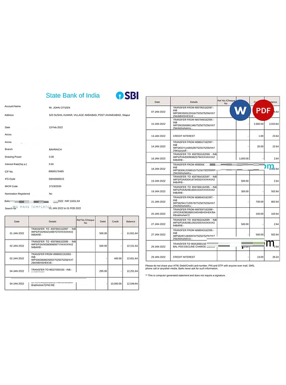 India State Bank of India (SBI) bank statement Word and PDF template, 2