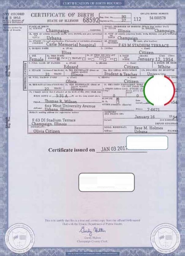 USA Illinois state birth certificate template in PSD format fully