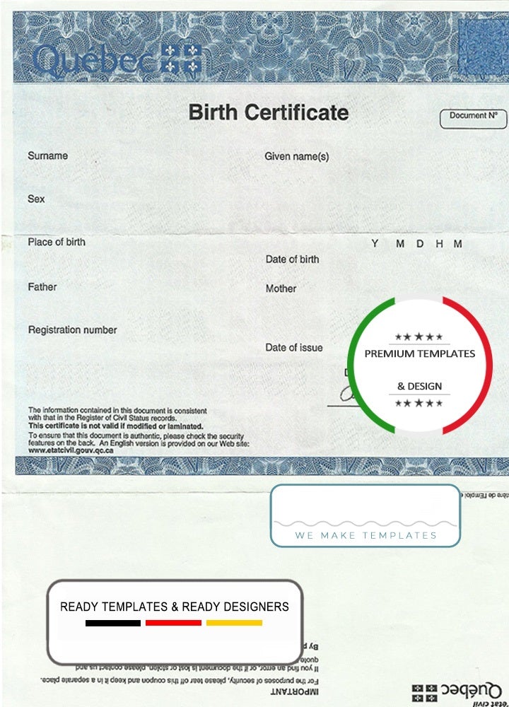 Canada Quebec Birth Certificate template in PSD format Webchinh to