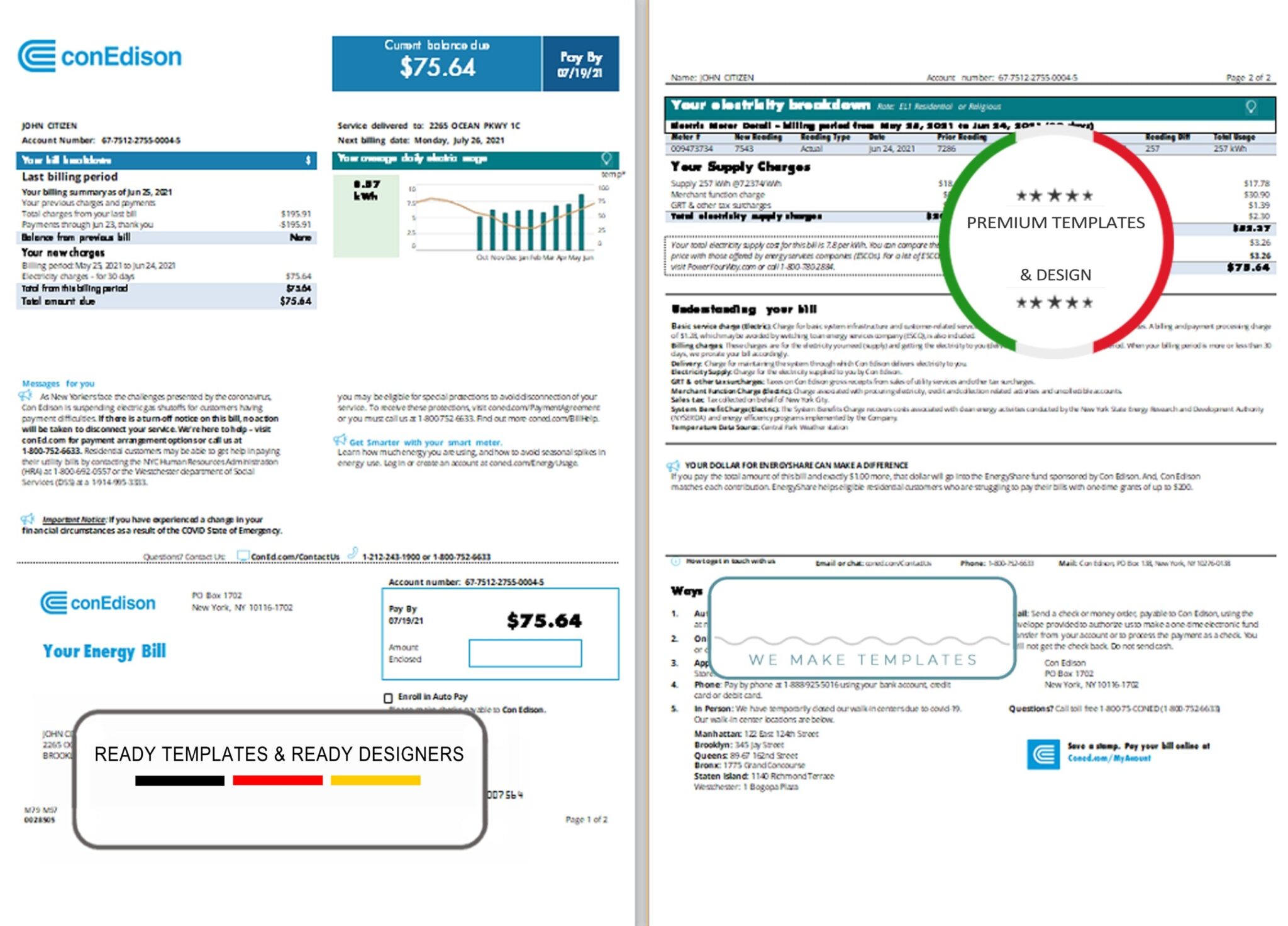 USA Con Edison utility bill template in Word and PDF format, 2 pages