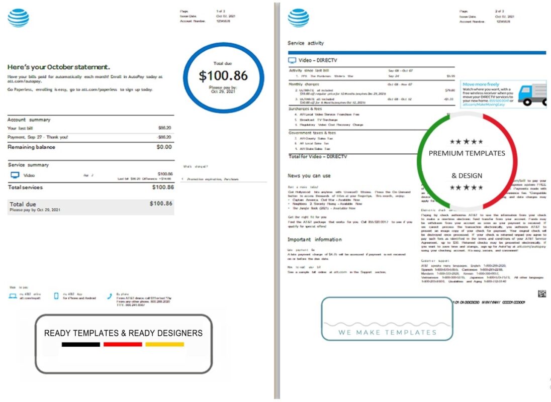 USA AT&T invoice template in Word and PDF format, fully editable