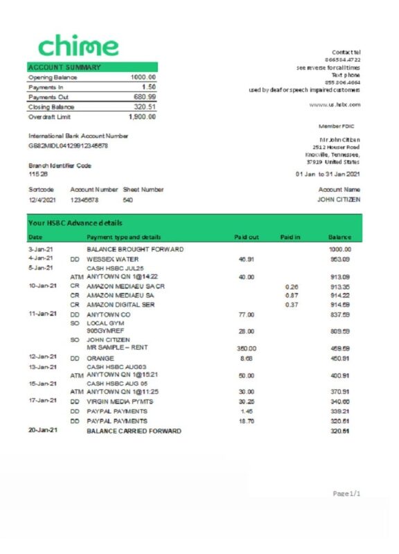 USA San Francisco Chime bank statement template in Excel and PDF format