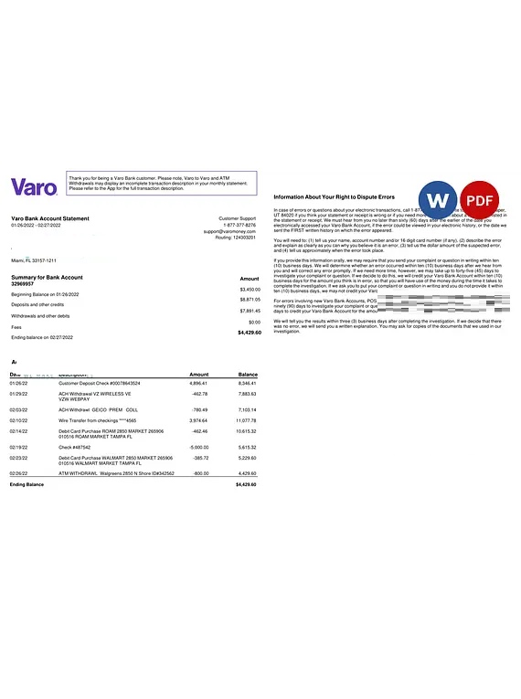 USA Varo bank statement Word and PDF template 2 pages version 2