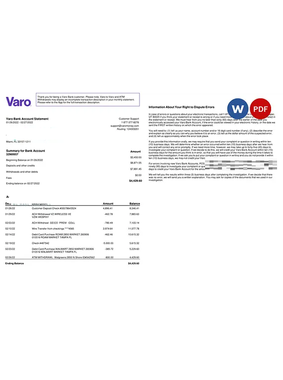 USA Varo bank statement, Word and PDF template, 2 pages, version 2