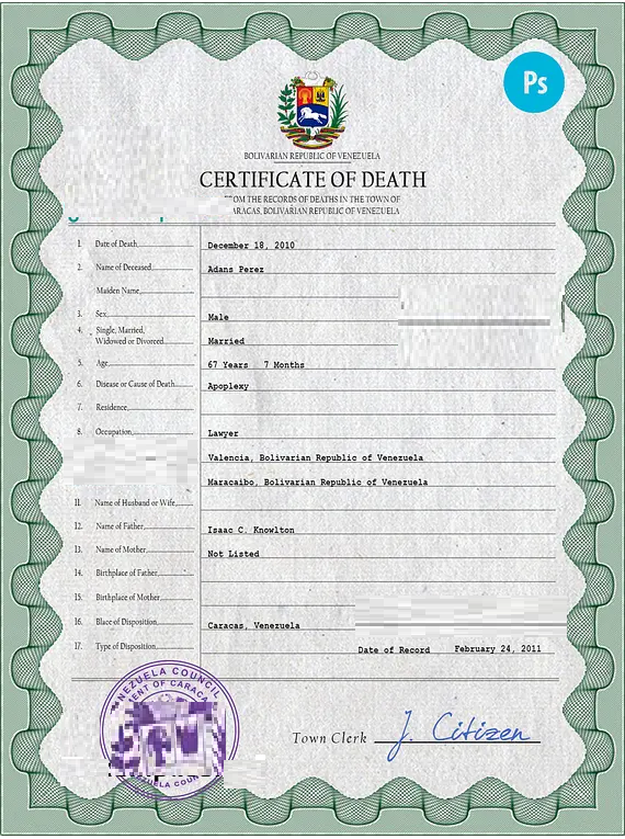 Venezuela vital record death certificate PSD template, fully editable ...