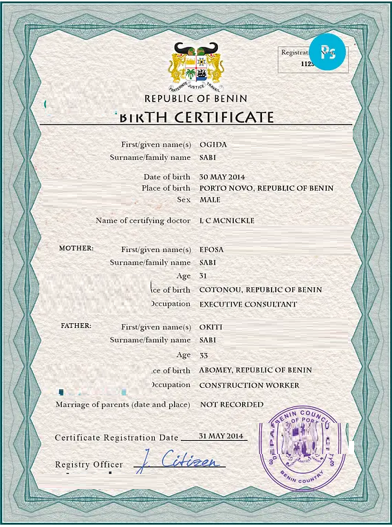 Benin vital record birth certificate PSD template, completely editable ...