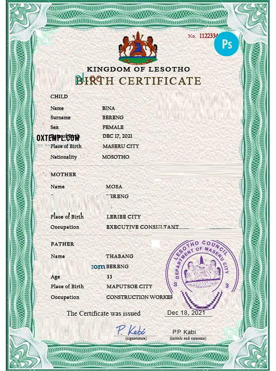 Lesotho vital record birth certificate PSD template – Webchinh.to