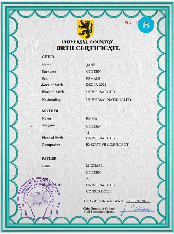 # action universal birth certificate PSD template, fully editable ...