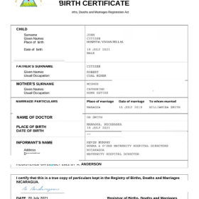Nicaragua vital record birth certificate Word and PDF template