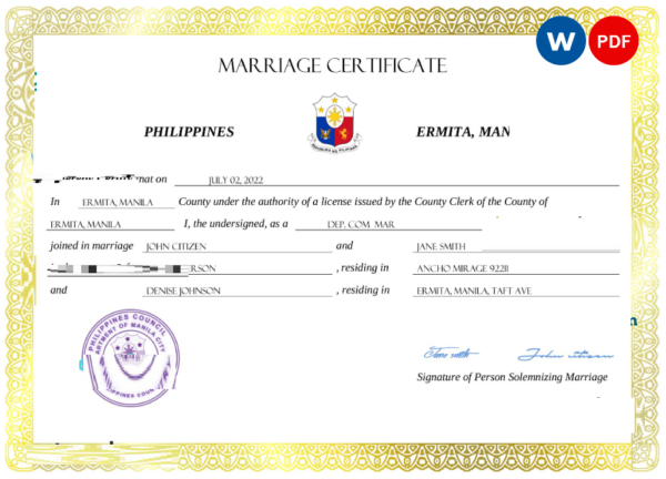 Philippines Marriage Certificate Word And Pdf Template Completely Editable Webchinhto 6872