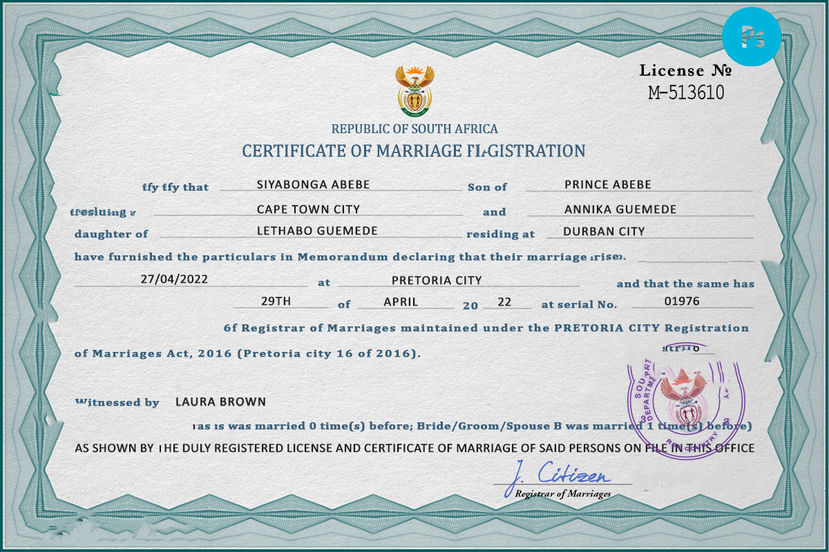 South Africa marriage certificate PSD template, completely editable ...