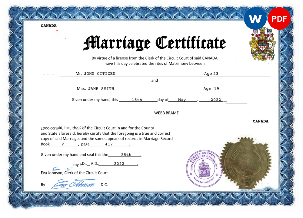 Canada marriage certificate Word and PDF template fully editable